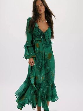 Free People Emerald Green Paisley Ruffle Maxi Dress